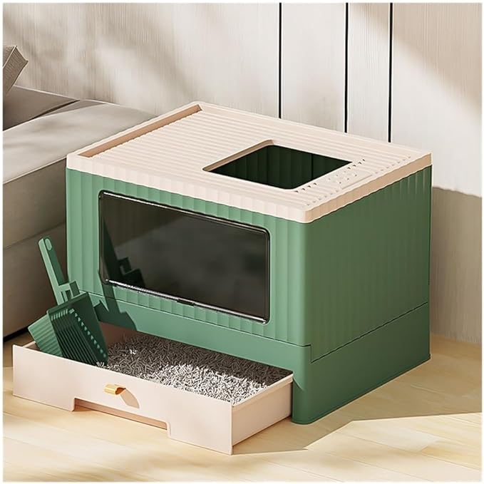 Pet Supplies, Foldable Cat Litter Box with Lid & Scoop,Top Entry Anti-Splashing Enclosed Toilet(Green)