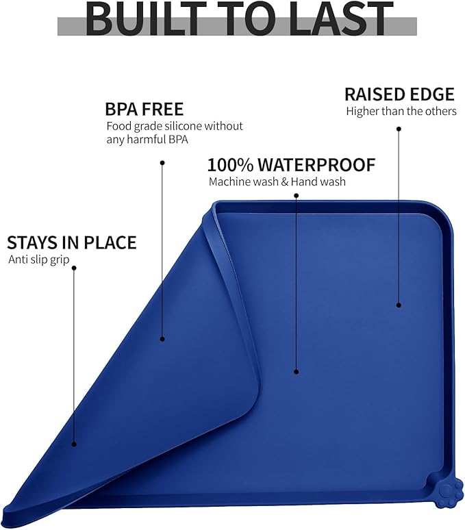 Reopet Waterproof Pet Feeding Mat, Non-Slip Silicone Placemats for Dog Cat Food and Water Bowl, High Raised Edges to Prevent Spills and Protect Floors
