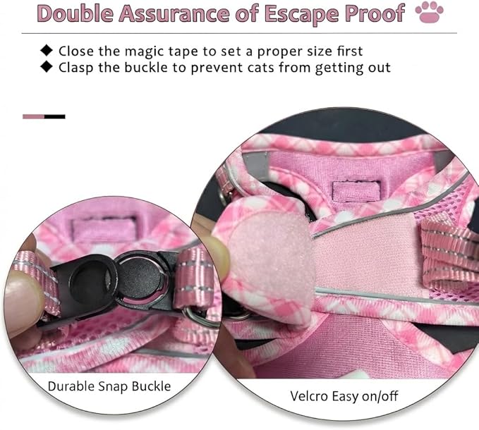 Cat Harness and Leash Set for Walking, Escape Proof Adjustable Soft Mesh Kitten Harness with Reflective Strips, Breathable No-Choke Pet Vest for Large Cats or Small Dogs(Pink,L)