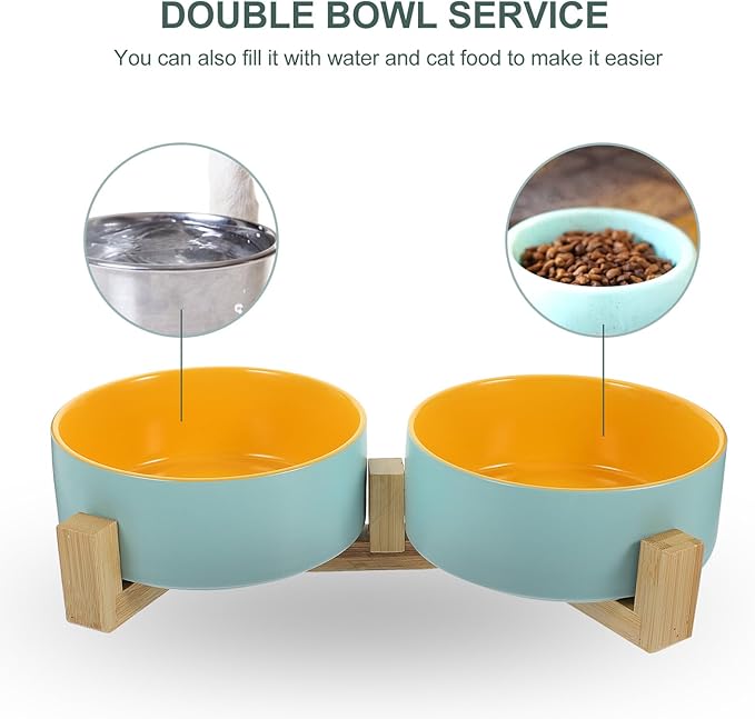Toddmomy Ceramic Elevated Cat Bowls Dual-Color Matte Finish Blue-Yellow Bowls Wooden Stand Indoor Cat Feeding Watering