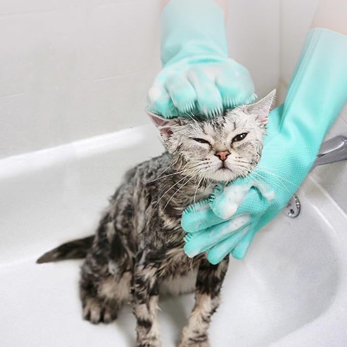 Pet Grooming Gloves Silicone Gloves with High-Density Teeth Enhanced Five Finger Design for Dogs Cats Bathing Massaging (Pink)