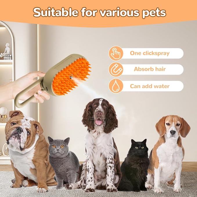 2026 New Cat Steam Brush, 3 in 1 Pet Steam Groomer Comb, Rechargeable Pet Steam Groomer Brush for Massaging and Cleaning Shedding Pets Hair, Anti-Static Hair Removal Comb for Cats Dogs (Khaki+White)