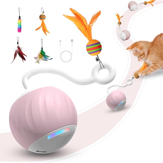 Upgraded Interactive Cat Toys Ball for Indoor Cats-Cat Ball Features Touch and Voice Activation, 2 Speed Settings (Fast and Slow), Interchangeable Tail Attachments for Bored Indoor Cats (Pink)