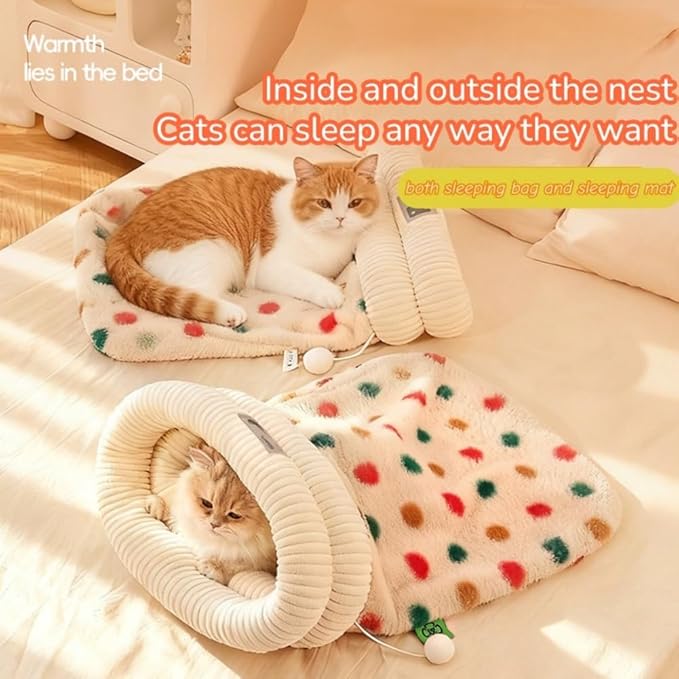 Winter Warming Cat Sleeping Bag，Soft Plush Sleeping Bag for Indoor Cats，Cozy Pet Nest for Cats and Dogs, Portable Calming Pet Nests，Cat Cave Bed Self Warming (Dot, M（18 * 15.5 in）)