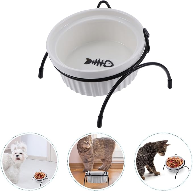 Ceramic Cat Food Bowl with Iron Stand Raised Pet Feeder for Neck Protection White Fishbone Bowl and Black Cat Ear Rack 2pcs