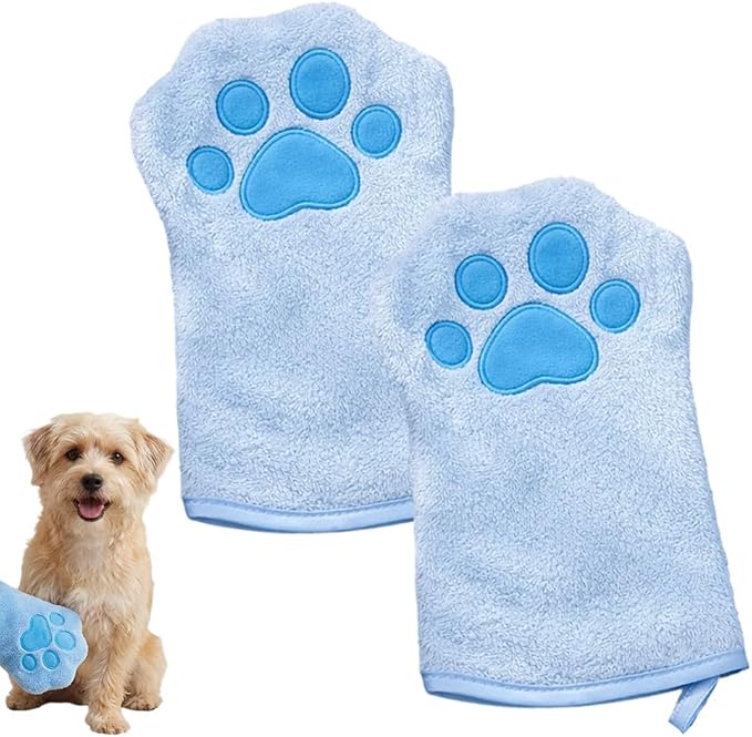 SENOY Paw Bathing Towel for Cats, Washable Reusable Coral Fleece Pet Drying Glove, Quick-Absorbent Cat Bathing Supplies with Hanging Loop, Soft Grooming Towel for Dogs & Cats (Blue-2pcs)