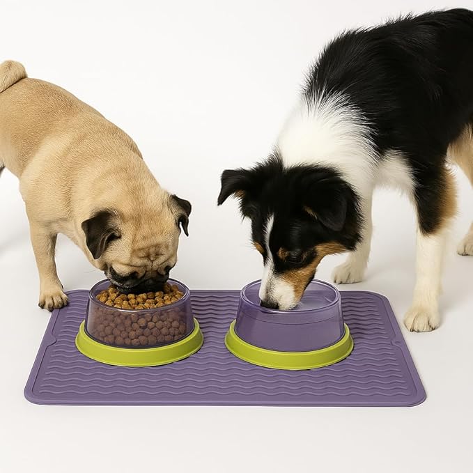 Silicone Pet Feeding Mat for Dogs, Cats, Small Animals, Non-Slip Waterproof Food and Water Mat with Raised Edge, BPA-Free Convenient Hook Storage by Dependable Industries (Purple, 12 x 16 inch)