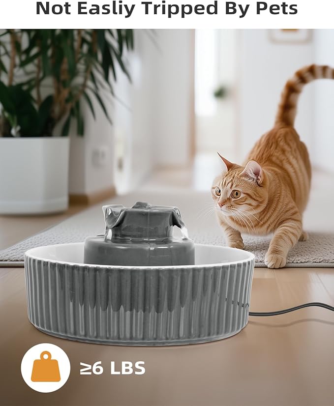 Ceramic Cat Water Fountain, 2.1L/71oz Cupcake Pet Water Fountain for Cats and Dogs, Automatic Pet Drinking Fountain,Double Filtration System, Easy to Clean, 360°Drinking Water(Dark Grey)