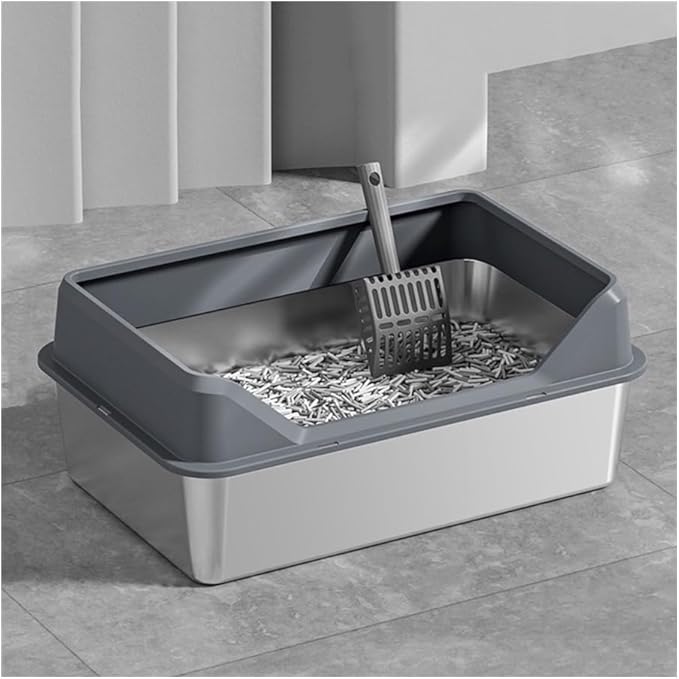 Pet Supplies, Stainless Steel Cat Litter Box for Kittens & Rabbits, Easy Clean Metal Pan(Dark Grey)