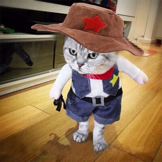 Halloween Costume for Cat and Small Dog, Funny Cowboy Costume Hat Suit - L