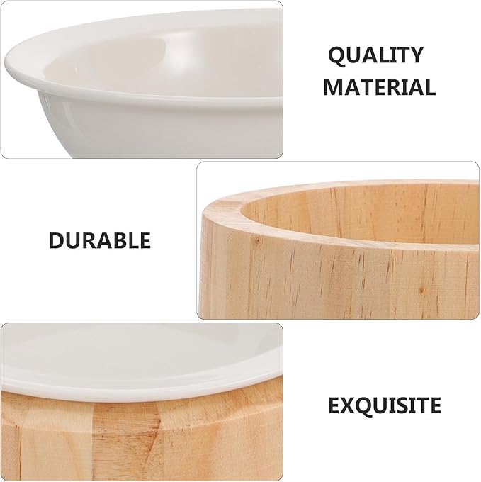 NUOBESTY Elevated Ceramic Cat Bowl with Wood Stand Anti-Vomiting Raised Pet Feeder Dish Round Single Bowl for Cat Feeding and Watering Spine Protection