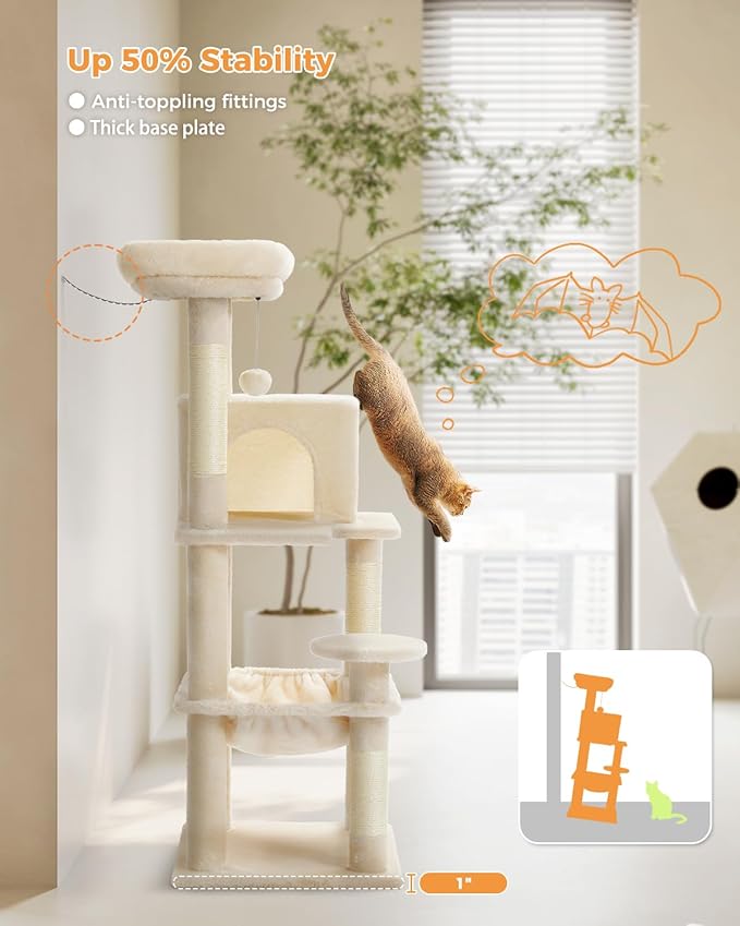 MUTTROS Cat Tree for Indoor Cats, 45.7" Multi-Level Cat Tower with Large Metal Frame Hammock, Cat Condo with 4 Scratching Posts and Top Perch for Small Medium Cat, Beige