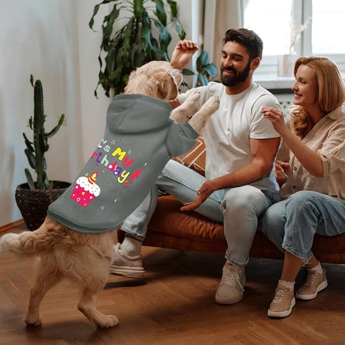 Dog Sweater Dog Hoodie Cold Weather Coat Hooded Sweatshirt for Puppies,Cats, Small Medium Large Dogs (Grey(It's My Birthday), X-Small)