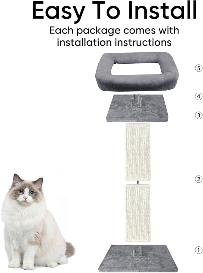 Cat Scratching Post, 32”Cat Scratcher with Large Plush Perch, Sisal & Carpet Scratching Post, Vertical Posts with Elevated Bed for Indoor Cats, Removable& Washable Cover, Grey