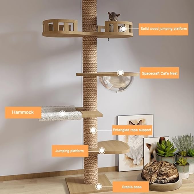 Cat Tree Floor to Ceiling,Solid Wood Height Adjustable Cat Tower,6-9.5ft Tall Cat Tree with Scratch Post for Large Cats,Aesthetic Multi-Level Cat Climbing Tree for Indoor Cat (L)