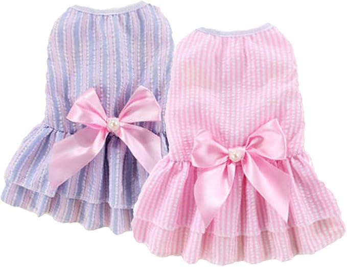 Qiansail 2Pcs Dog Dresses, Puppy Summer Clothes Cute Pet Girl Princess Dress Sweet Bow Knot Skirt Female for Puppy Kitten (M)