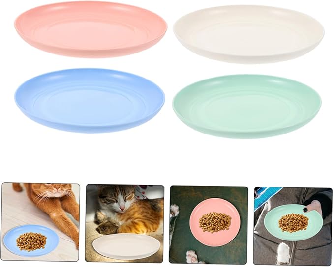 KALLORY 4pcs Shallow Cat Food Bowls Set, Cute Small Pet Plates for Indoor Cats and Kittens, 20cm Wide Flat Dish with Beige, Blue, Pink, and Teal Colors for Feeding and Watering