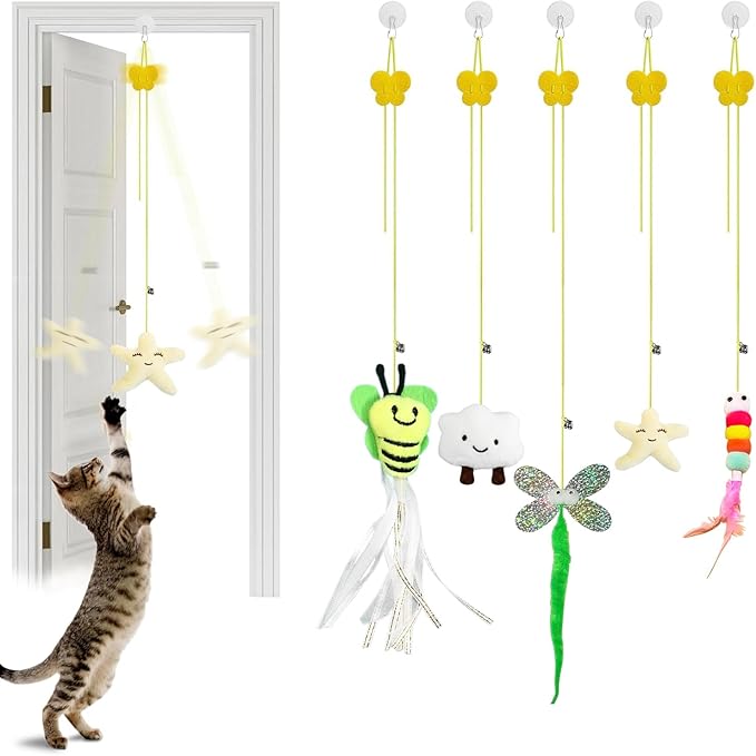 Interactive Cat Feather Toys 5 Pack Retractable Hanging Cat Teaser Toys for Indoor Cats, Exercise Toy for Bored Cats