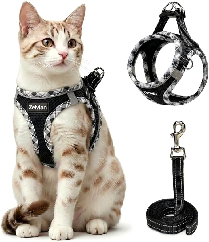 Cat Harness and Leash Set for Walking, Escape Proof Adjustable Soft Mesh Kitten Harness with Reflective Strips, Breathable No-Choke Pet Vest for Large Cats or Small Dogs(Black,L)