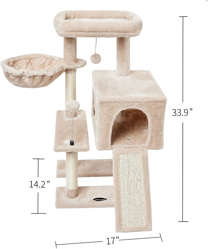 Beige Cute Cat Tree Tower for Indoor Cats Condo with Sisal Scratching Posts Jump Platform Furniture Activity Center Play House Bed