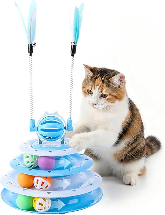 Cat Turntable Toy Ball - Interactive Kitten Toys & Toys for Indoor Cats with 6 Colorful Balls & 2 Cat Teaser Wands, Fun Mental & Physical Exercise Puzzle Plaything for Kitty Kitten to Play (Blue)