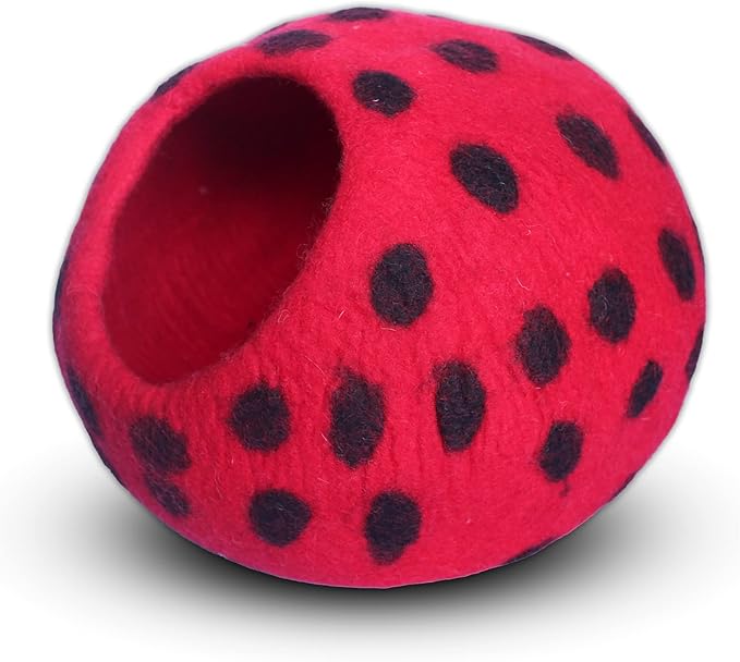 Woolygon Premium Felt Cat Cave Bed – Wool Kitty Beds Handcrafted Kitten Caves Bed for Indoor Cats - Made from Merino Wool, Foldable Cat Hideaway Covered Cat House Pod (Red Polka)
