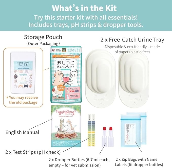 Cat & Small Dog Urine Collection Starter Kit (2 Uses) - Free-Catch Disposable Paper Trays, Test Strips & Droppers - Supports Midstream Clean-Catch - Easy At-Home Samples for Vet Visits - Made in Japan