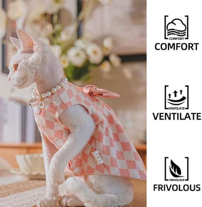 Sphynx Cat Pink Sleeveless Bow Dress with Pearl Necklace Set, Cute & Stylish Pet Apparel for Daily Wear, Cute Dress for Cats and Puppy (XX-Large (9.5-14 lbs))