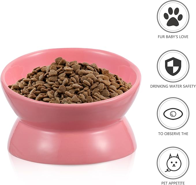 Ceramic Elevated Cat Bowl Tilted Raised Pet Feeder Bowl Neck Protection Non-Slip for Indoor Cats Feeding and Watering Random Color