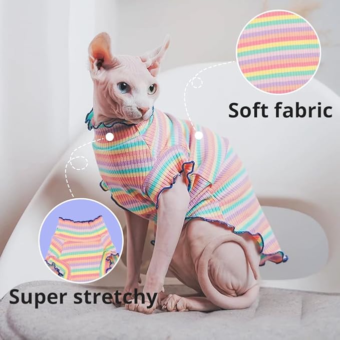 Sphynx Cat Clothes, Hairless Cat Shirt, Soft Stretchy Sweater for Cats, Breathable Cat Daily Outfit, Cat Pullover for Cornish Rex, Devon Rex (Rainbow Stripe, S (2.5-3.5lbs))