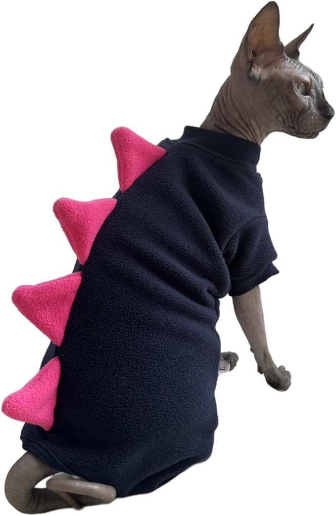 Four Leg Dinosaur Sphynx Cat Clothes Pjamas Hairless Cat Warm Polar Fleece Jumpsuit Elastic Pet Clothes for Sphynx Cat Surgery Recovery Suit Hairless Cat Shirt for Devon, Cornish (Black, Small)