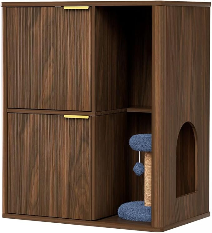 31.5" Cat Litter Box Enclosure Furniture, Fluted Hidden Litter Box Cabinet with Storage Shelf & Scratching Post, Wooden Cat House Side Table with Dual Entry Doors for Indoor Cats, Natural,Walnut