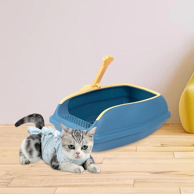 Cat Litter Box Open Top High Sided Anti Splashing Litter Tray with Scoop for Indoor Cats Kittens (2 Sizes)- S Blue