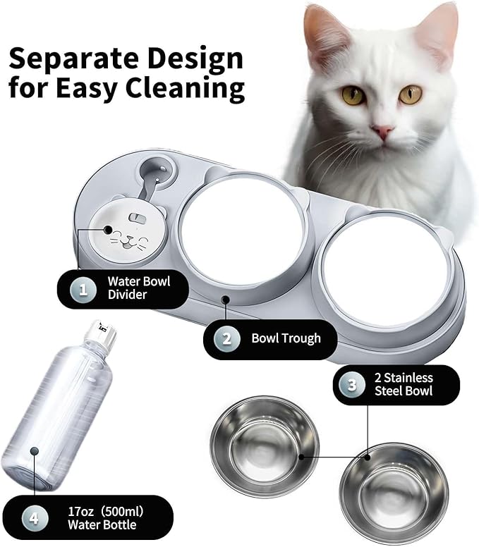 Marchul 3 in 1 Cat Bowl, Cat Food and Water Bowl Set with Water Dispenser and Stainless Steel Bowls, 15° Tilted Pet Raised Three Bowls for Indoor Cats, Small or Medium Sized Dogs,Gray