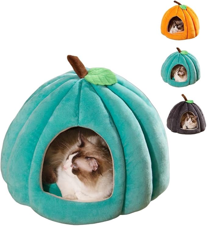 Cute Pumpkin Cat Bed for Indoor Cats，Pumpkin Shape Cat House with Removable Washable Cushioned Pillow，Cat Cave Bed Cat Tent for Puppy and Kitten (Blue,23 in)