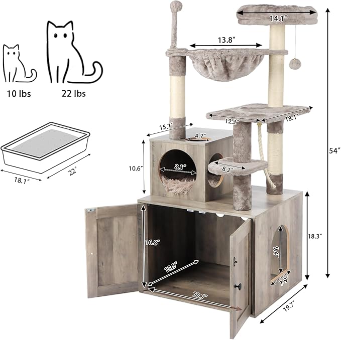 Timberer Cat Tree with Litter Box Enclosure, 2-in-1 Cat Tower for Indoor Cats, Large Wood Cat Condo with Basket, Scratching Posts, Pompoms, Grey