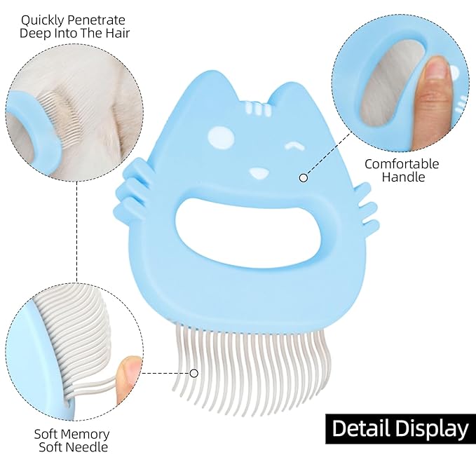 Blue Cat Comb Cute Cat-shape Pet Hair Removal Massaging Shell Comb Soft Deshedding Brush Grooming and Shedding Matted Fur Remover Dematting tool for Long and Short Hair Cat Dog Puppy Bunny