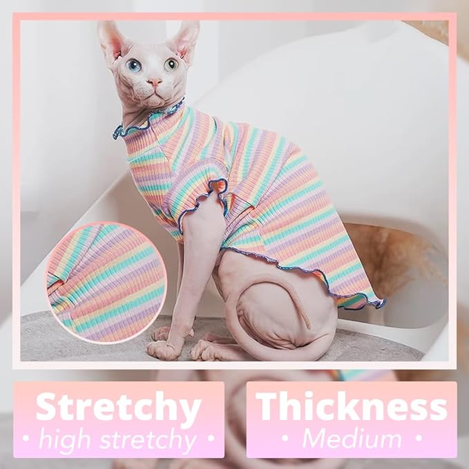 Sphynx Cat Clothes, Hairless Cat Shirt, Soft Stretchy Sweater for Cats, Breathable Cat Daily Outfit, Cat Pullover for Cornish Rex, Devon Rex (Rainbow Stripe, L (5-6.5lbs))