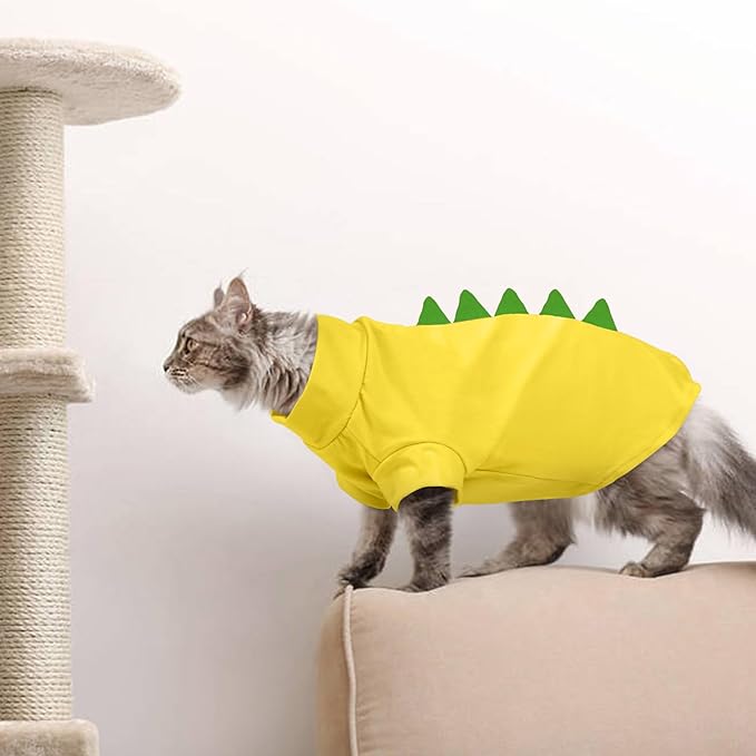 DENTRUN Sphynx Cat Clothes, Cute Dinosaur Design Hairless Cat Costume, Breathable Cotton Shirts Cat Clothes for Cats Only, Round Collar Kitten Daily T-Shirts with Sleeves, Cats Funny Cosplay Apparel