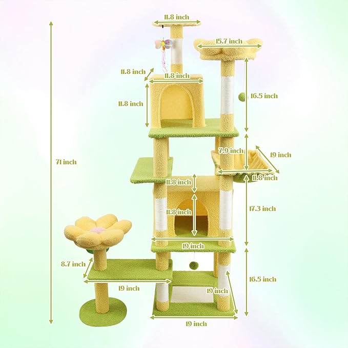 71" Flower Cute Cat Tree for Indoor Cats Large Adult, Tall Cat Tower with Scratching Post & Condo, Hammock, Aesthetic Cats Stand, Modern, Easy Assembly (Yellow, 71" Tall)