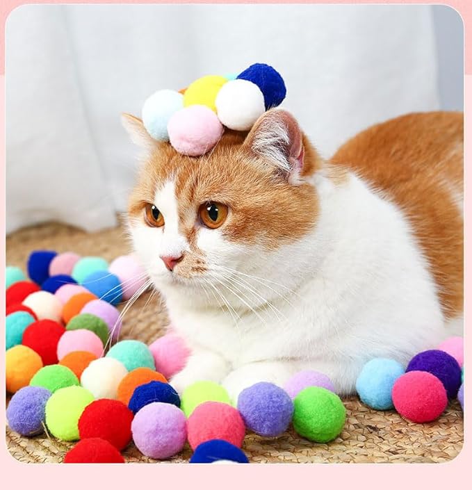50pcs Cat Toy Ball Fun Colorful Plush Self Play Toys Pom Balls for Launcher Shooting Interactive for Indoor Cats Enrichment Kittens Puff Ball Playing (only 50 Pieces Balls)