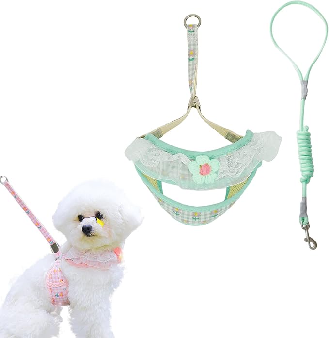 Cat Harness Collar and Leash Set, Sweet Lace Floral Kitten Collar, Escape Proof Puppy Chest Harness, Adjustable Cute Harness Leash Set for Cat Puppy Dog Outdoor Walking (Green, S)