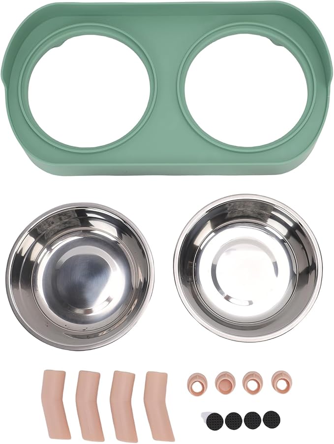 AYNEFY Elevated Cat Bowl,Tilt Proof Stainless Steel Integrated Double Elevated Pet Water Food Bowl Raised Cat Food and Water Dish for Cats and Small Dogs (Avocado Green)