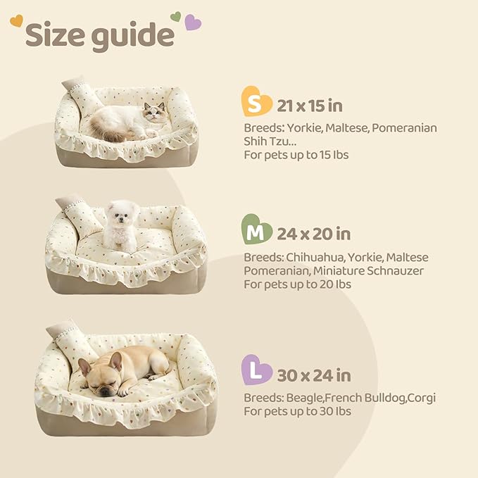 Jiupety Cat Bed for Indoor Cats Dog Beds for Small Dogs Removable Washable Small Dog Beds Pet Beds with Slip-Resistant Bottom Ruffled Puppy Beds with Pillow,Beige 24"x20"