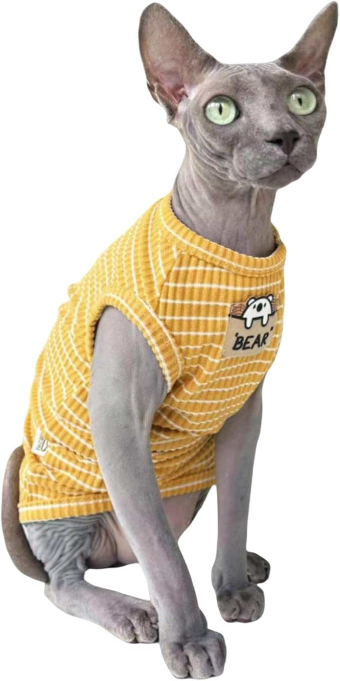 Sphynx Cat Clothes Vest for Hairless Cat, Rib Knit Stripe Cats T-Shirt Apparel, Kitten Summer Cotton Shirts Sleeveless for Cornish Rex, Devon Rex, Peterbald (Ginger, XL (10-14 lbs))