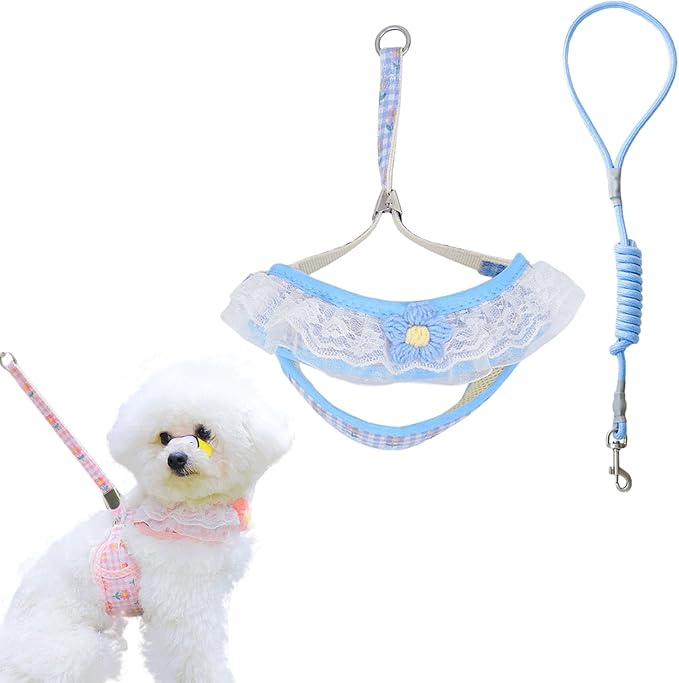 Cat Harness Collar and Leash Set, Sweet Lace Floral Kitten Collar, Escape Proof Puppy Chest Harness, Adjustable Cute Harness Leash Set for Cat Puppy Dog Outdoor Walking (Blue, S)