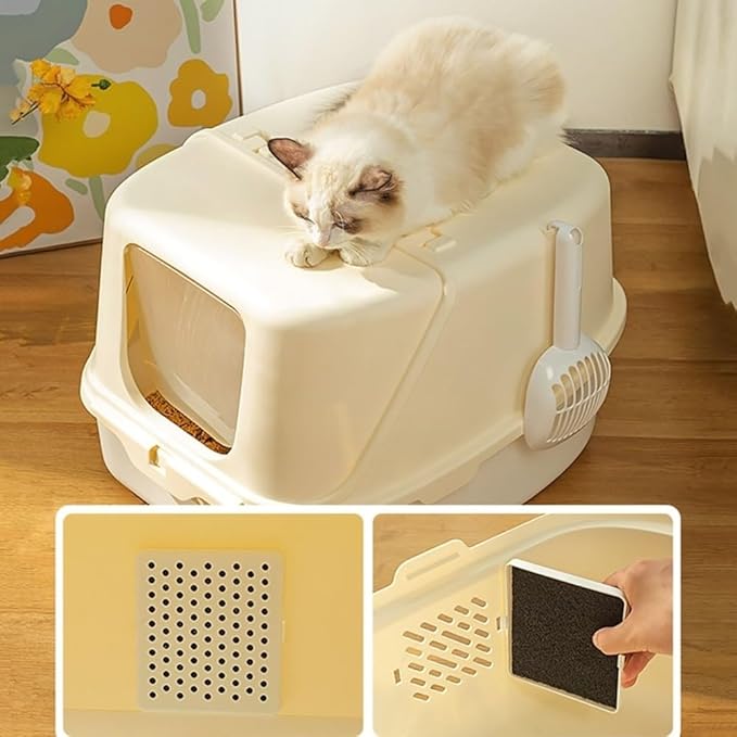 Pet Supplies, Enclosed Hooded Cat Litter Box with Door Flap, Easy Clean Plastic Tray(Green)