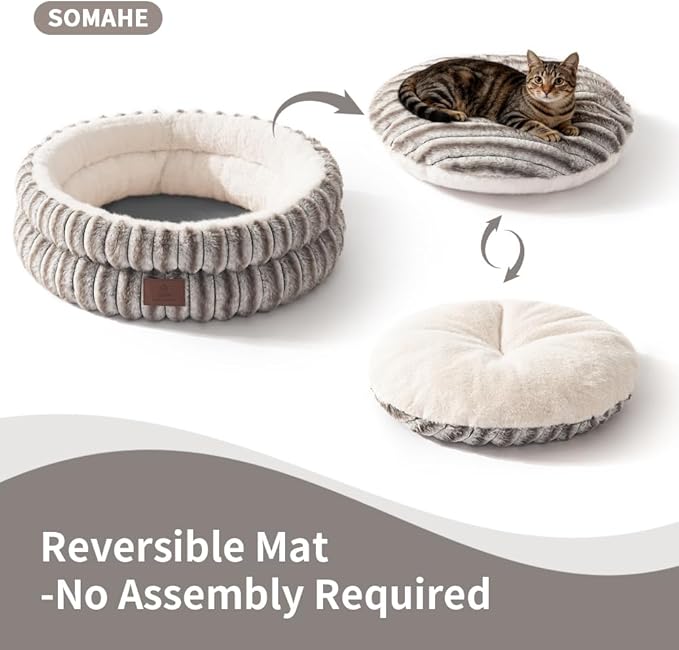 SOMAHE Cat Bed, Round Plush Faux Fur Donut Cuddler – Machine Washable Calming Cat Bed for Indoor Cats & Kittens, Removable Cushion Non-Slip Fluffy Kitten Bed, Cozy Small Cat Nest, 20" Inch Coffee
