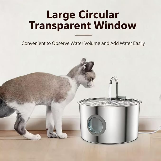 Cat Water Fountain Stainless Steel Battery Operated Pet Fountain Rechargeable Water Dispenser for Cats LED Water Level Window Ideal for Cats Dogs Multi-Pet Home