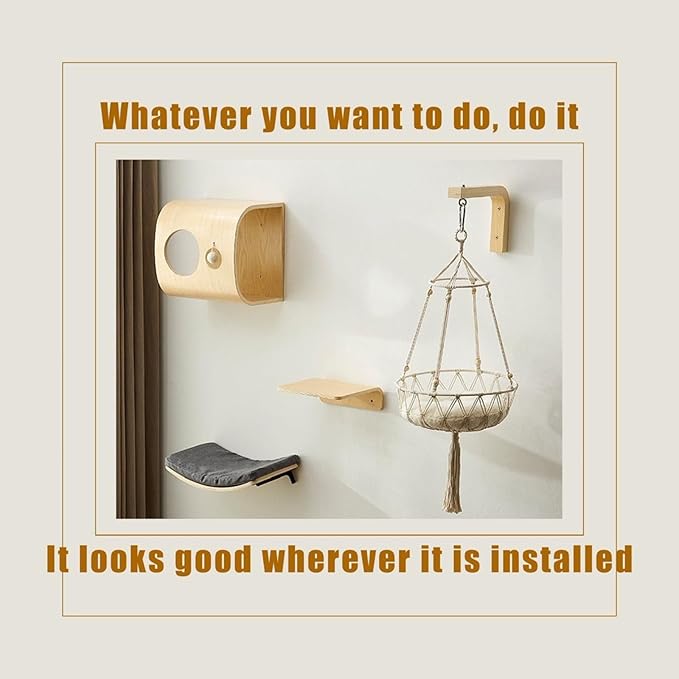 Soild Wood Round Wall Mounted Cat Bed Shelves, Cat Climbing Frame with Cushion, for Cats Sleeping, Playing, Climbing (Wood Color)